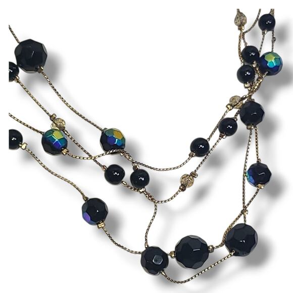 Vintage Extra Long Gold Tone Blue Black Peacock Beaded Station Necklace 72" - Picture 6 of 8